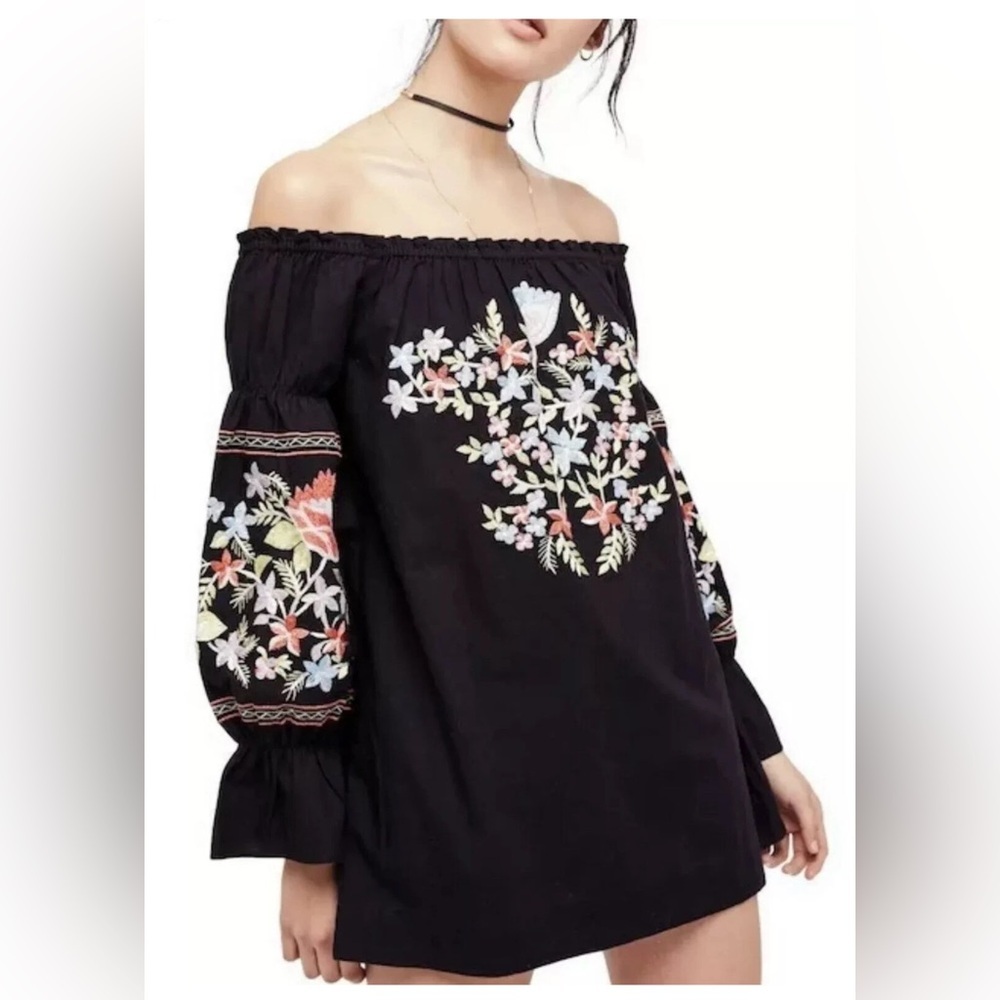 Free People Fleur Du Jour Black Floral Embroidered Off Shoulder Dress Black S - Picture 3 of 15